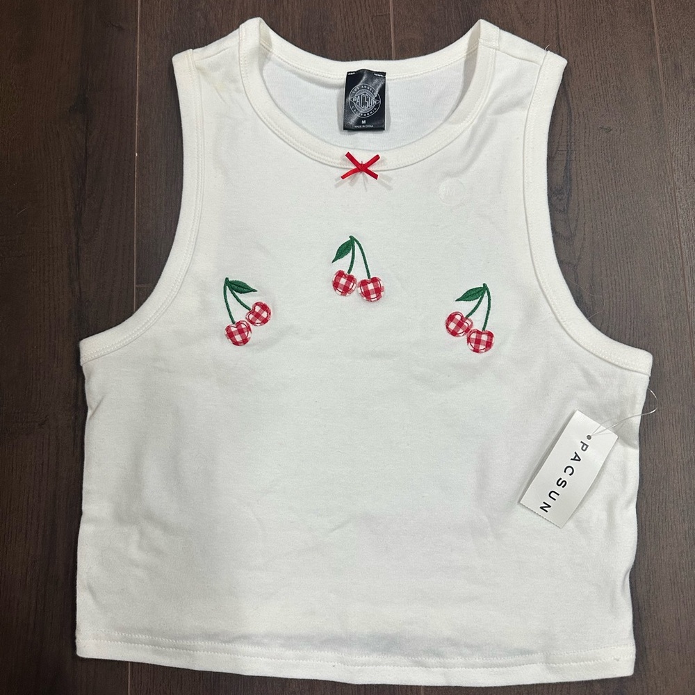 PacSun White Cherry Embroidered Tank Top